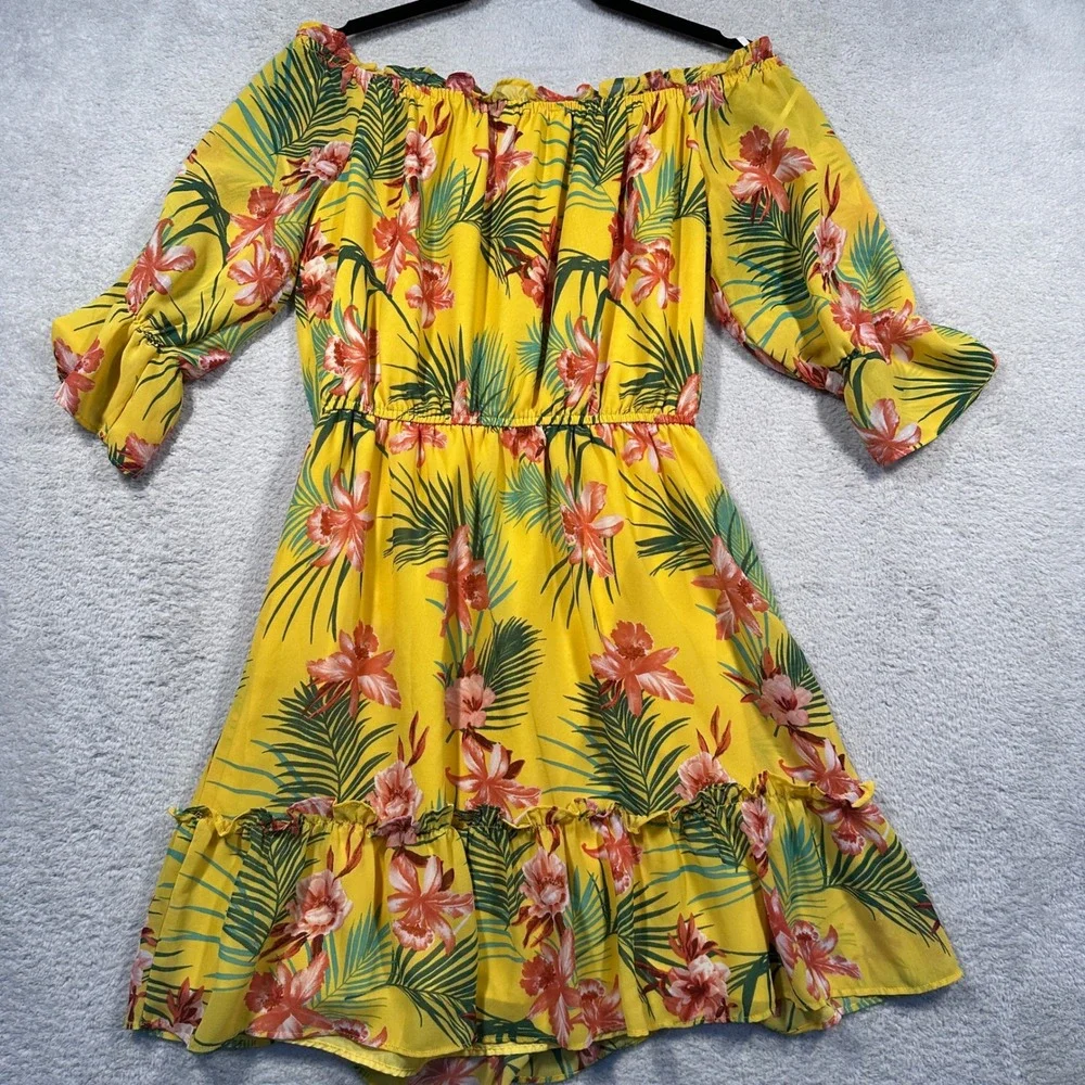Forever 21 Floral Off Shoulder Dress Women M Ruffle Hem Tropical Yellow  Chiffon